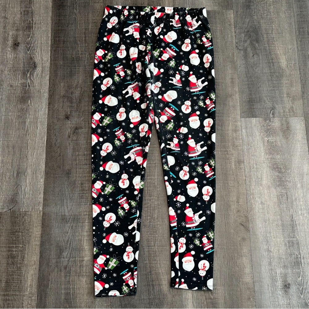 💞 Junior Women’s Medium (7/9) Black Christmas Leggings w/ Santa & Snowmen